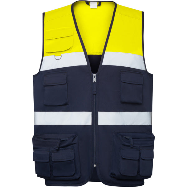 Roly WRK Beta unisex high-visibility vest in navy blue/fluor yellow, ready for logo printing or embroidery