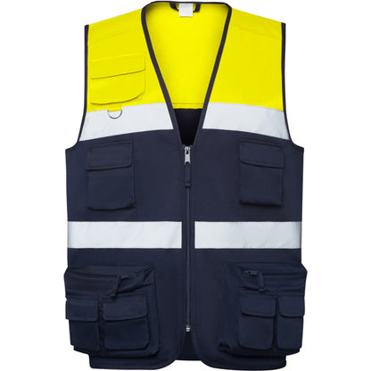 Roly WRK Beta unisex high-visibility vest in navy blue/fluor yellow, ready for logo printing or embroidery