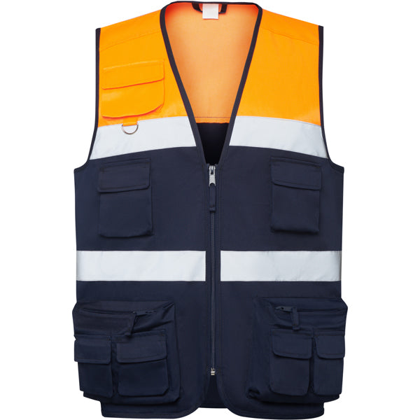Roly WRK Beta unisex high-visibility vest in navy blue/fluor orange, ready for logo printing or embroidery