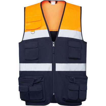 Roly WRK Beta unisex high-visibility vest in navy blue/fluor orange, ready for logo printing or embroidery