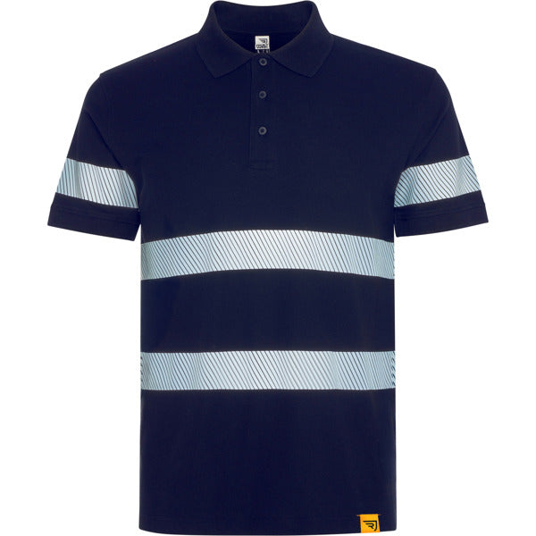 Roly WRK Foran unisex high-visibility polo shirt in navy blue, ready for logo printing or embroidery