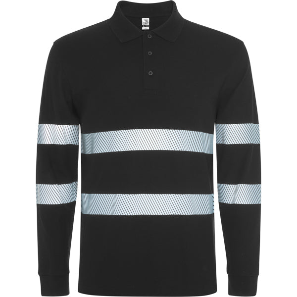 Roly WRK Foran L/s unisex high-visibility long-sleeve polo shirt in black, ready for logo printing or embroidery