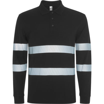 Roly WRK Foran L/s unisex high-visibility long-sleeve polo shirt in black, ready for logo printing or embroidery