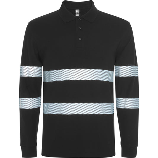 Roly WRK Foran L/s unisex high-visibility long-sleeve polo shirt in black, ready for logo printing or embroidery