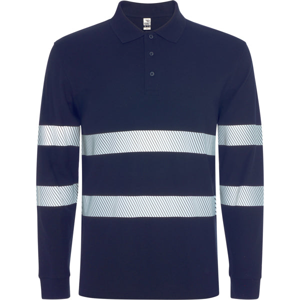 Roly WRK Foran L/s unisex high-visibility long-sleeve polo shirt in navy blue, ready for logo printing or embroidery