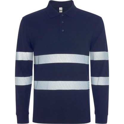 Roly WRK Foran L/s unisex high-visibility long-sleeve polo shirt in navy blue, ready for logo printing or embroidery