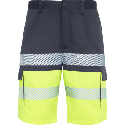 Roly WRK Lada unisex high-visibility shorts in lead/fluor yellow, ready for logo printing or embroidery