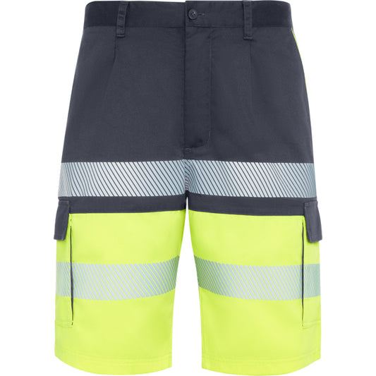 Roly WRK Lada unisex high-visibility shorts in lead/fluor yellow, ready for logo printing or embroidery