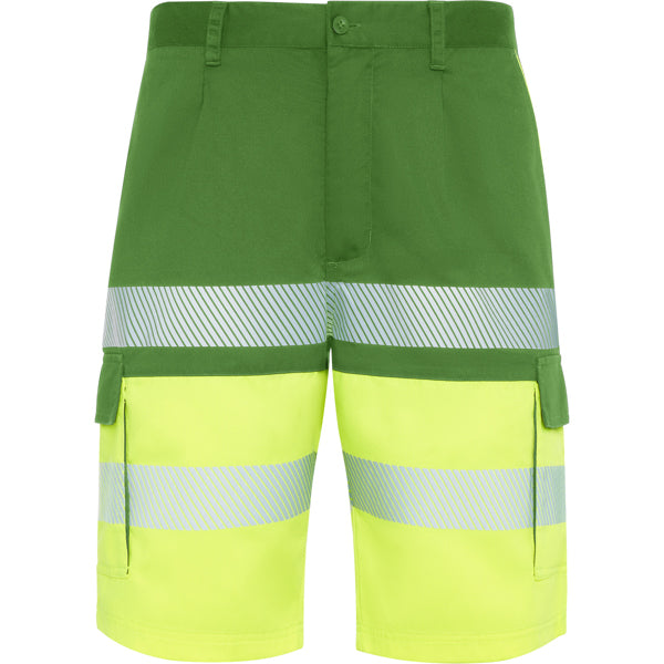 Roly WRK Lada unisex high-visibility shorts in garden green/fluor yellow, ready for logo printing or embroidery