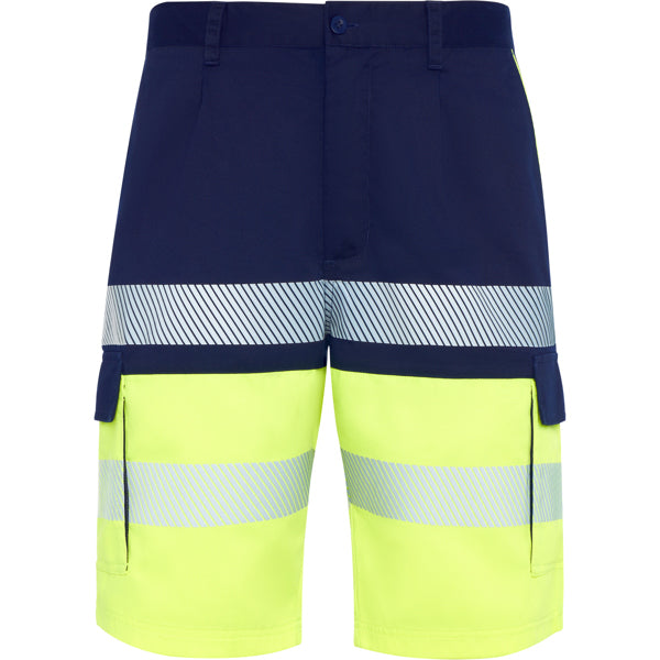 Roly WRK Lada unisex high-visibility shorts in navy blue/fluor yellow, ready for logo printing or embroidery