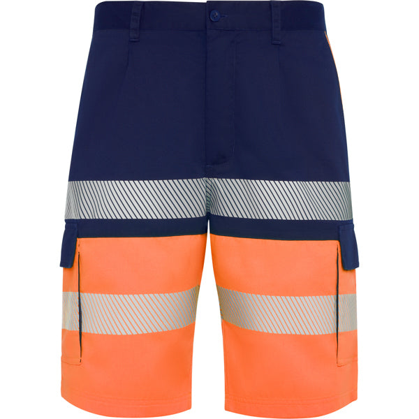 Roly WRK Lada unisex high-visibility shorts in navy blue/fluor orange, ready for logo printing or embroidery