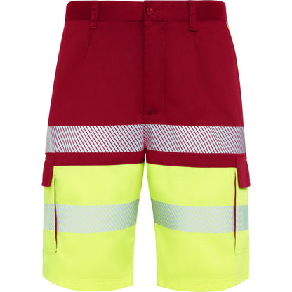 Roly WRK Lada unisex high-visibility shorts in job red/fluor yellow, ready for logo printing or embroidery