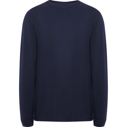 Roly WRK Defender unisex flame-retardant long-sleeve T-shirt in navy blue, ready for logo printing or embroidery