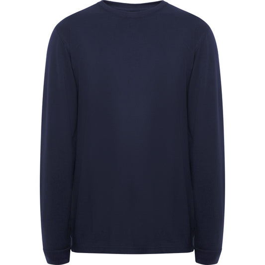 Roly WRK Defender unisex flame-retardant long-sleeve T-shirt in navy blue, ready for logo printing or embroidery