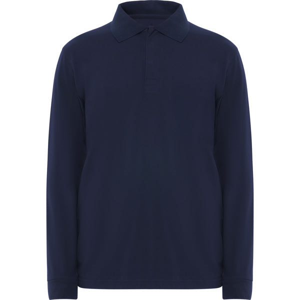 Roly WRK Santana unisex flame-retardant long-sleeve polo shirt in navy blue, ready for logo printing or embroidery