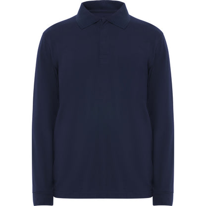 Roly WRK Santana unisex flame-retardant long-sleeve polo shirt in navy blue, ready for logo printing or embroidery