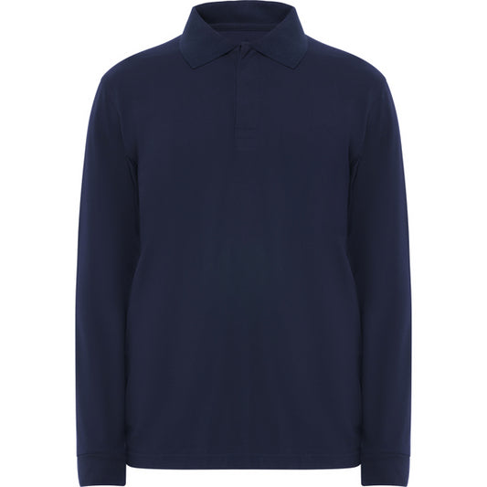 Roly WRK Santana unisex flame-retardant long-sleeve polo shirt in navy blue, ready for logo printing or embroidery