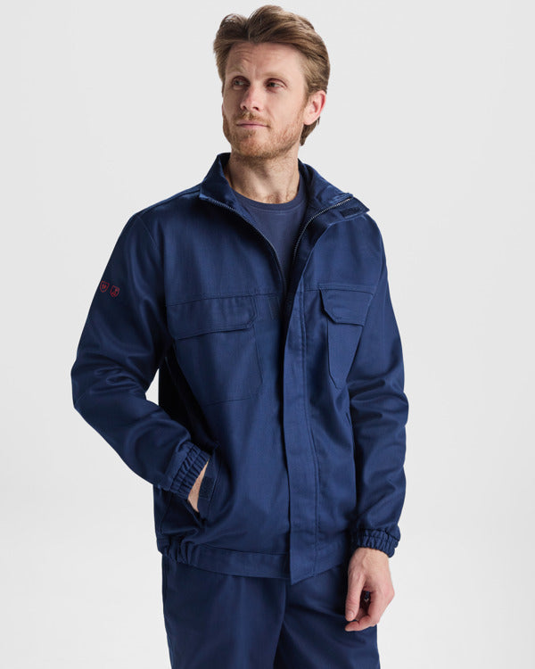 Roly WRK Cruiser unisex flame-retardant jacket in navy blue, alternative view, ready for logo printing or embroidery