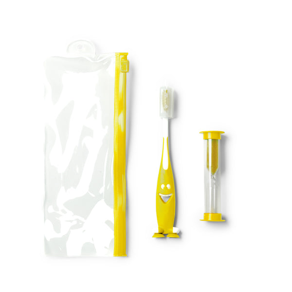 Stamina Mesler toothbrush set with sand clock in yellow, ready for laser engraving