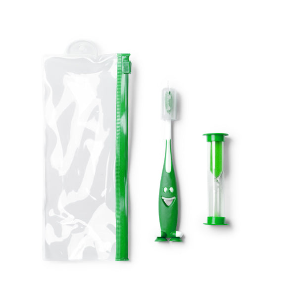Stamina Mesler toothbrush set with sand clock in fern green, ready for laser engraving