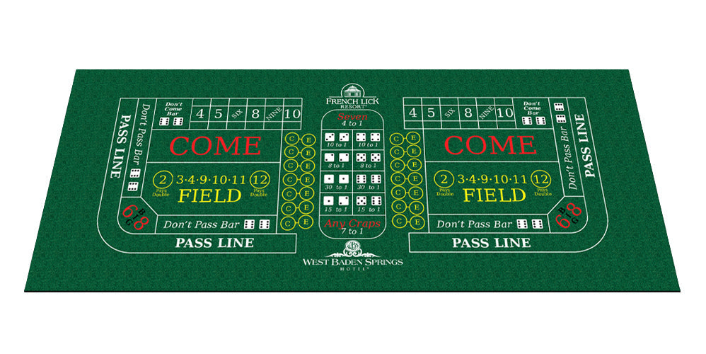 Green casino craps mat with a full-colour printed betting layout