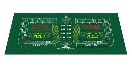 Green casino craps mat with a full-colour printed betting layout
