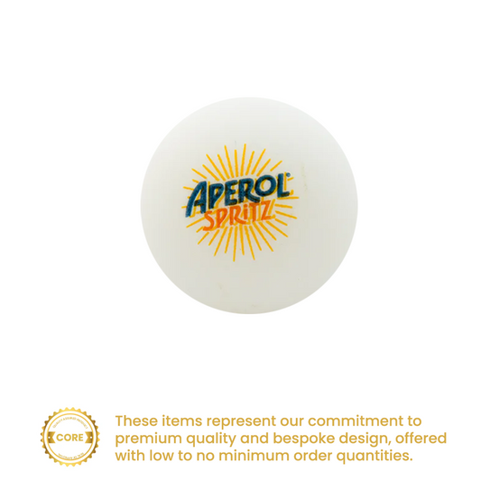White 40 mm table tennis ball printed with an orange logo