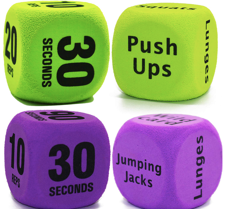 Green and purple foam exercise dice printed with workout commands