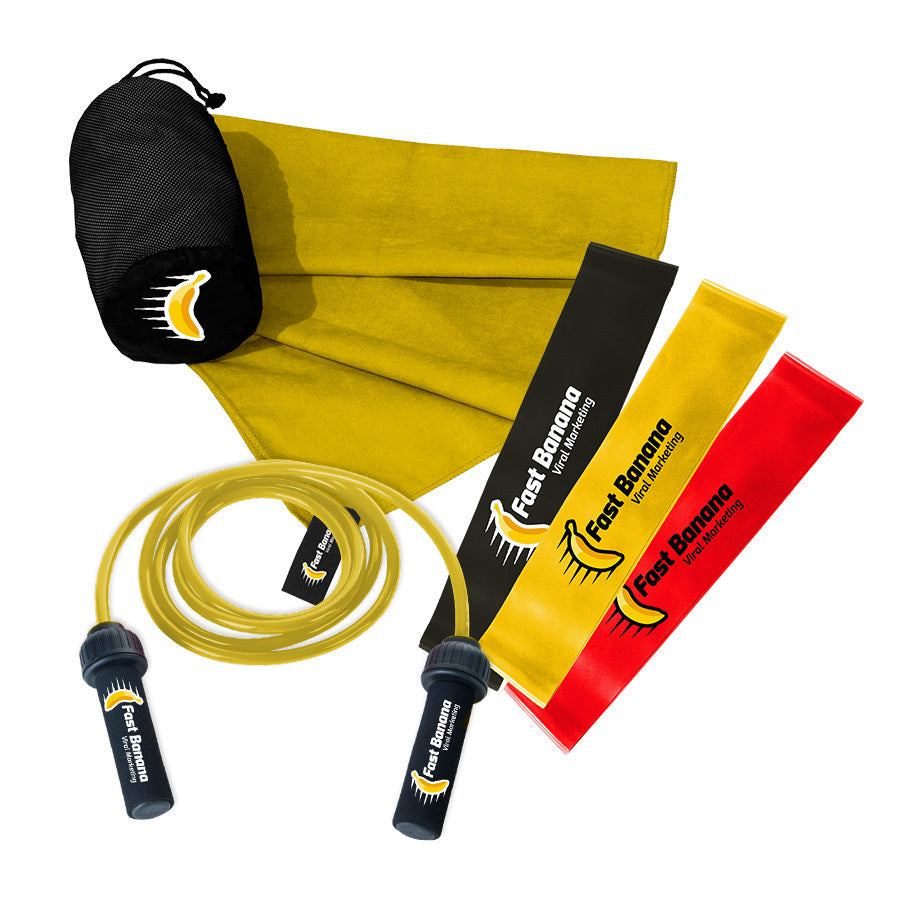 Branded fitness kit with resistance bands, skipping rope, towel and drawstring bag