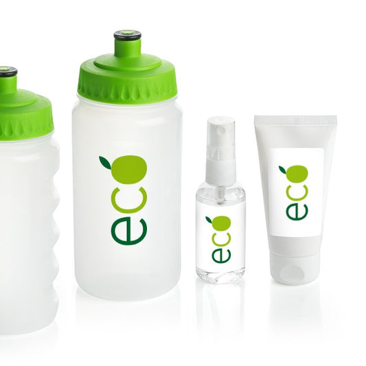 3 Piece Plastic Travel Water Bottle Set branded bottle in clear/green printed with your company logo