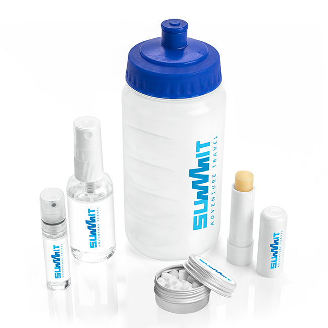 5pc Plastic Sports Water Bottle Set (Inc 1-colour to bottle) branded bottle in blue printed with your company logo