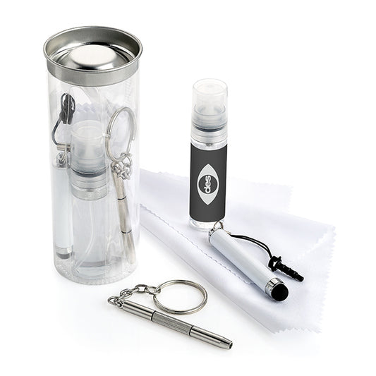 4 Piece Gadget Kit in a Tube branded tech accessory in clear printed with your company logo