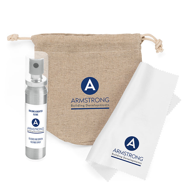 Glasses & Screen Cleaning Set in a Hemp Bag (Printed Bag) branded desk accessory in beige/white printed with your company