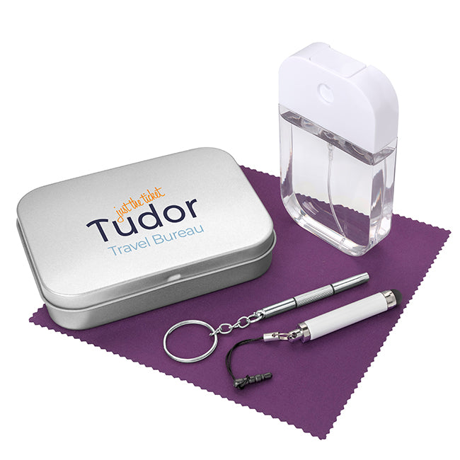 5pc All Purpose Gadget Kit branded tech accessory in silver printed with your company logo