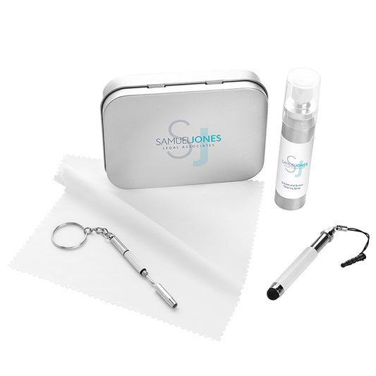5 Piece All Purpose Gadget Kit (20ml) branded tech accessory in silver printed with your company logo