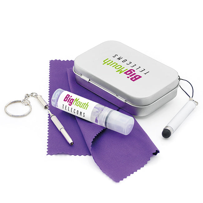 5pc All Purpose Gadget Kit branded tech accessory in silver printed with your company logo