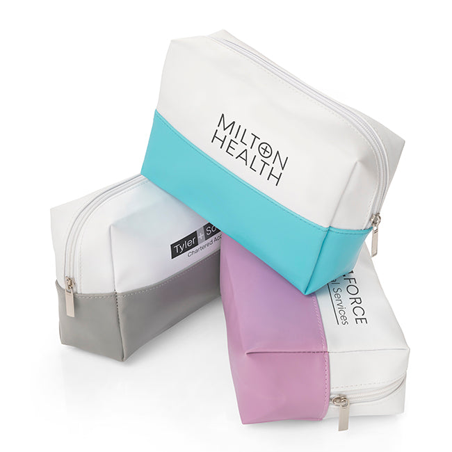Pastel Coloured Toiletry Bag branded personal care item in blue, grey, purple, white printed with your company logo