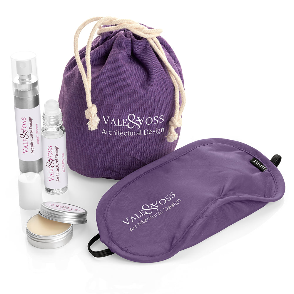 Calming Wellbeing Essentials Kit in a Hemp Bag branded wellbeing gift in purple printed with your company logo