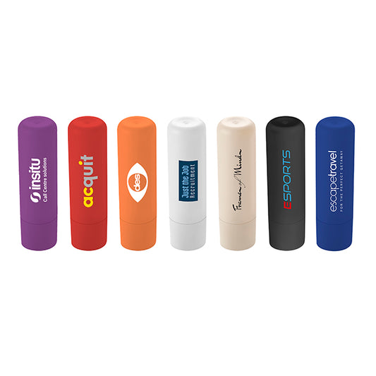 Lip Balm Stick White Recycled Container& Cap (UK PRINTED) branded beauty item in black, blue, orange, purple, red, sand