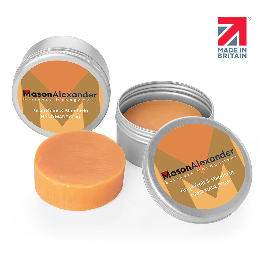 Grapefruit & Mandarin Hand Made Soap in a Tin (65g) branded personal care item in silver/natural printed with your company