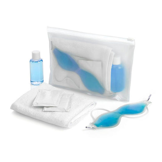 Spa Set in a Frosted Pouch branded wellbeing gift in blue, orange, pink, white printed with your company logo