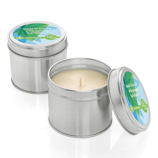 Natural Wax Candle in a Tin (135g) branded candle in silver printed with your company logo