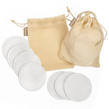 7 Reusable, Washable Make-up Rounds in a Mesh Bag branded beauty item in beige printed with your company logo
