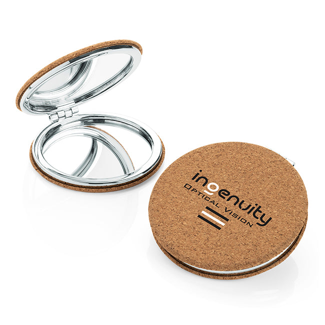 Round Cork Backed Double Compact Mirror branded beauty item in brown, silver printed with your company logo