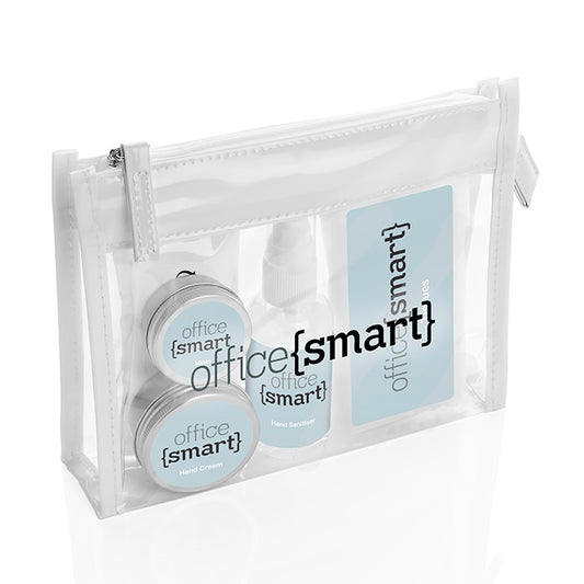 Work From Home Set in a Clear PVC White Trim Bag branded desk accessory in clear/white printed with your company logo