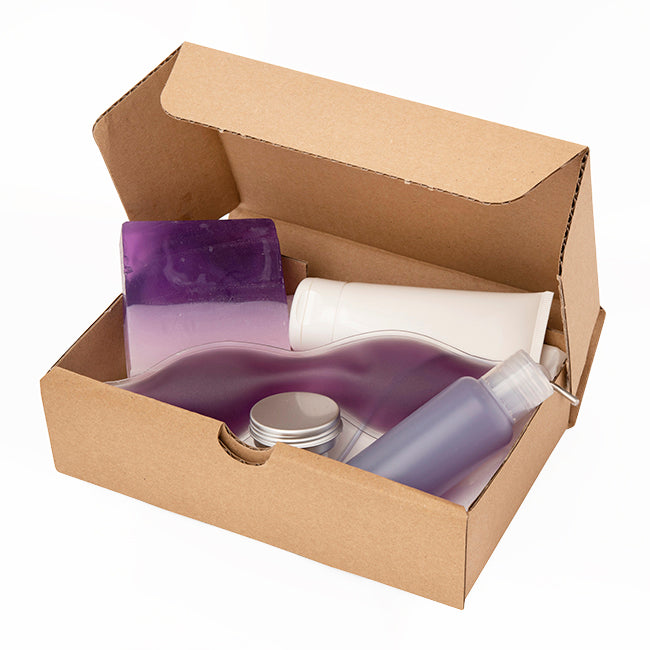 Purple Wellbeing Set in a Brown Postal Box branded personal care item in brown printed with your company logo