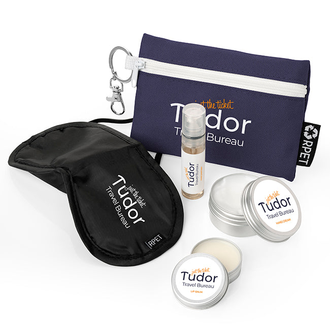 5 Piece Travel Set in a Pouch branded personal care item in black, blue, brown, green, orange, pink, purple, red, white