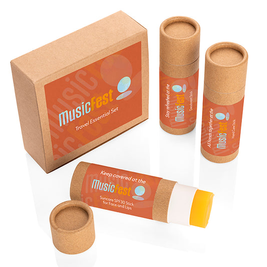 3pc Travel Essentials Set in a Box branded travel essential in brown printed with your company logo
