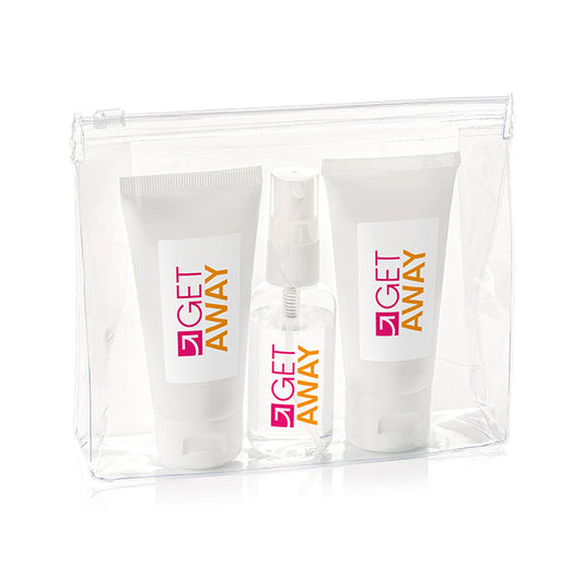 3pc Sun Care Kit in a PVC Pouch branded personal care item in clear/white printed with your company logo