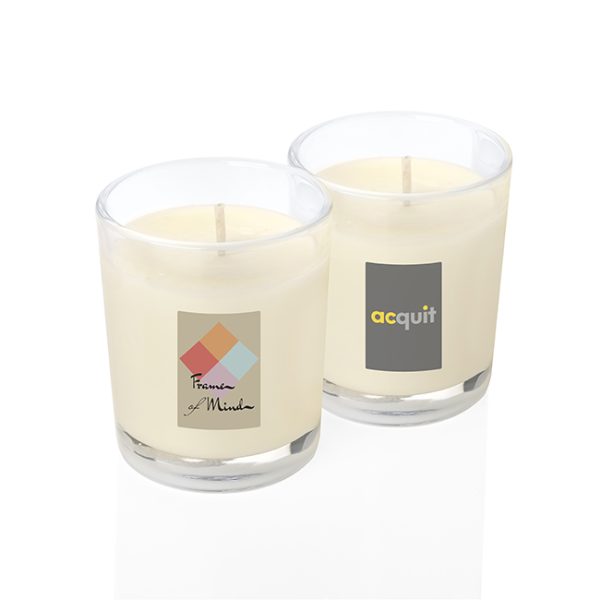 Candle in a Small Glass (9cl) branded candle in clear/white printed with your company logo